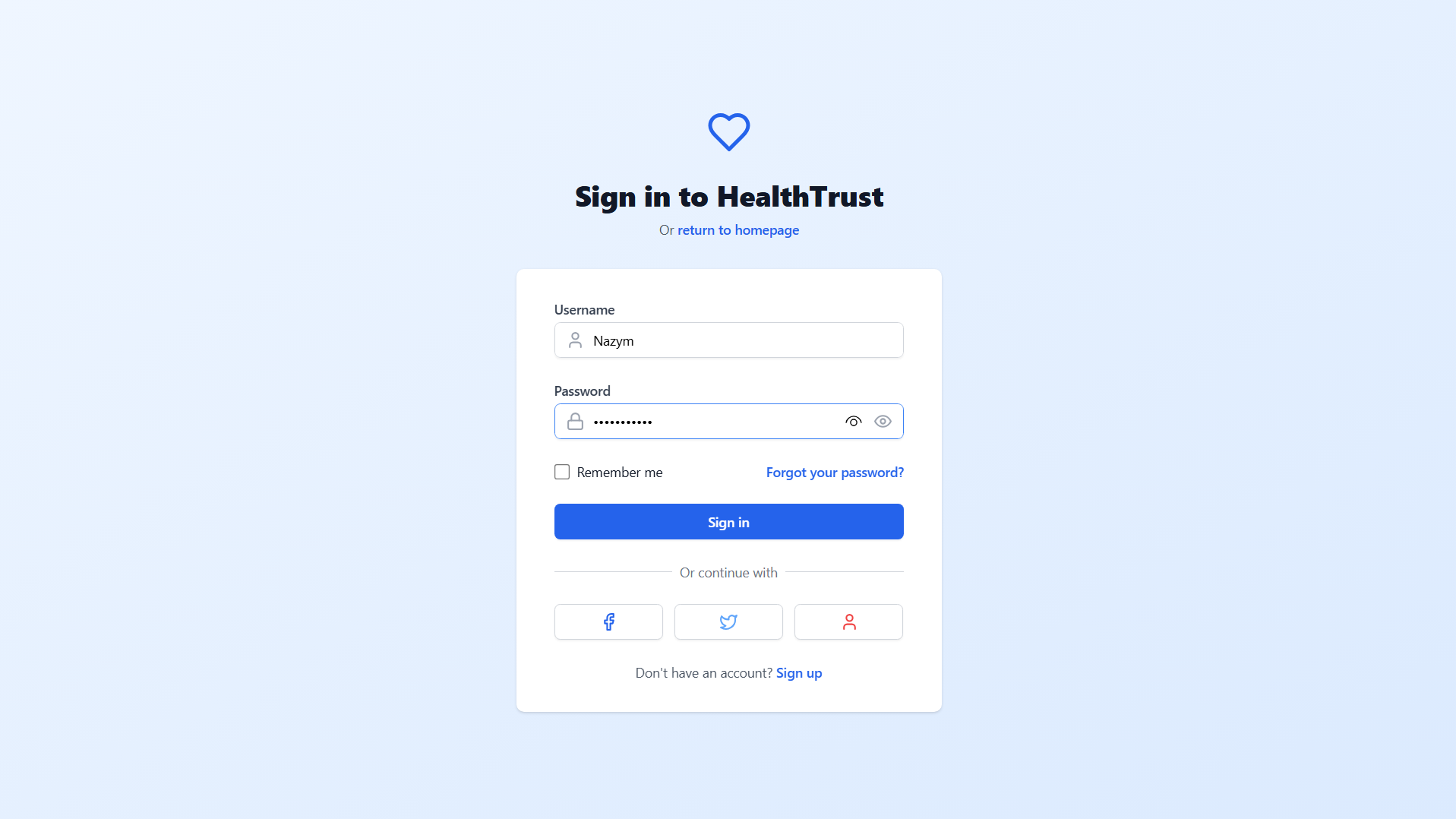 HealthTrust homepage showing Expert Health Consultations Anytime Anywhere landing hero